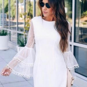 INA White Knit Nwt Mini Sheath Dress with Mesh Tiered Bell Sleeves